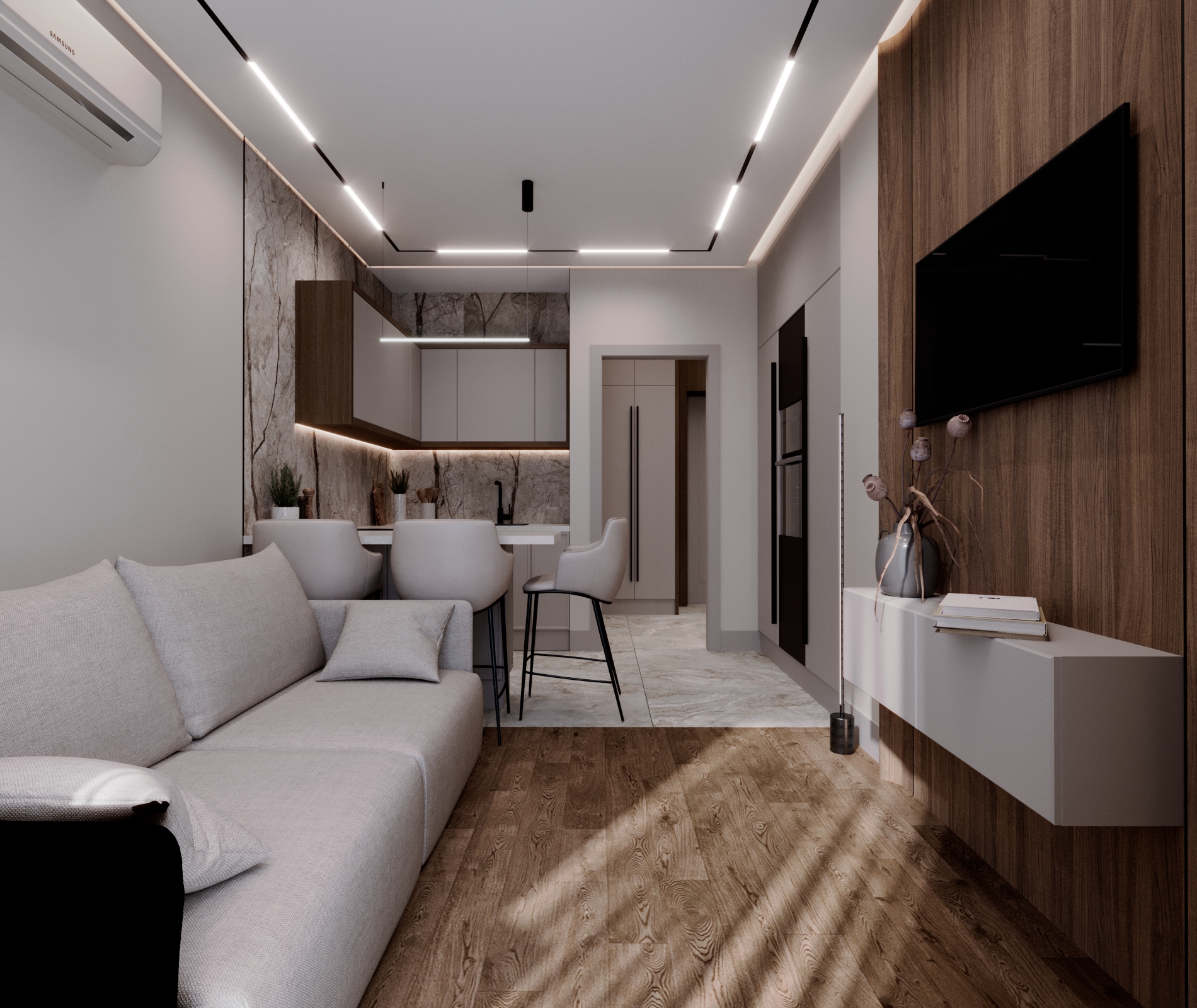 Дизайн кухни-гостиной 15 м² в Москве: фартук под мрамор, барная стойка и линейный свет